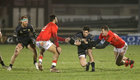 Connacht v Munster Guinness PRO14 game at the Sportsground.<br />
Connacht’s Alex Wootton and Ben O’Donnell and Munster’s Chris Farrell and Damian De Allende