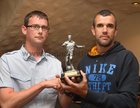 Tom Griffin, Club Treasurer (left) presenting the A Team Players Player of the year award to Kevin O'Brien at the West United AFC annual awards presentation night at Monroes.