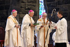 The retired Bishop of Galway, Most Rev Martin Drennan, speaking during the ceremony of the handing over the crozier to Bishop Brendan Kelly, the new Bishop of Galway, Kilmacduagh and Apostolic Administrator of Kilfenora, at Galway Cathedral on Sunday. Included in the photograph is the Most Rev Michael Neary, Archbishop of Tuam, and Fr Martin Whelan, Diocesan Secretary.