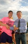 At the finals night of Tag Rugby at Galway Corinthians at Corinthian Park, Cloonacauneen.<br />
<br />
11 Wise Monkeys won the C League 2 final.<br />
<br />
Pictured with President of Galway Corinthians RFC, Declan Russell, is Kevin Russell