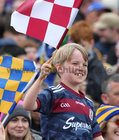 A young supporter flies the Galway colours during the Connacht Senior Football final at Dr Hyde Park in Roscommon.