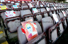 Artwork by pupils from county and city primary schools on spectators seats during the Connacht Senior Football Final between Galway and Mayo at the Pearse Stadium last Sunday. All the artwork is from schools which were attended by the Galway players when they started their education.