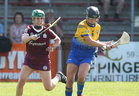Galway v Clare All-Ireland Camogie Championship game at Kenny Park, Athenry.<br />
Galway’s Catherine Finnerty and Clare’s Orlaith Duggan
