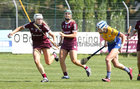 Galway v Clare All-Ireland Camogie Championship game at Kenny Park, Athenry.<br />
Galway’s Shauna Healy and Emma Helebert and Clare’s Eimear Kelly