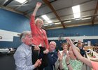 Cllr Terry O'Flaherty celebrates with Aonghus Ó Concannon (brother-in-law), her brother Tony O'Flaherty, and sisters Betty and Claire, after she was elected during the Galway City East count at the Westside centre.