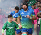 Connacht vs Gloucester European Rugby Challenge Cup qurter final at the Sportsground.<br />
John Mulddon with Connacht match mascot Jeff Cannon as they run on to the pitch before the start of the game.