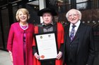 <br />
Dr Danial Higgins, with his parents Sabina  and President Michael D. Higgins, after he was conferred with a Ph.D Degree  at NUI Galway. 