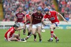 Galway v Cork 2015 All-Ireland Senior Hurling Championship quarter final at Semple Stadium, Thurles.<br />
Galway's Cyril Donnellan and Cork's Damien Cahalan and Shane O'Neill (on ground)
