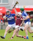 Galway v Laois Allianz Hurling League Division 1B Round 1 game at the Pearse Stadium.<br />
Jack Coyne, Galway, and PJ Scully and Paddy Purcell, Laois