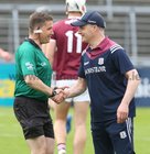 Galway v Carlow Leinster Senior Hurling Championship Round 1 game at the Pearse Stadium.<br />
Galway manager Michéal Donoghue meeting with referee Colm Lyons before the start of the game.