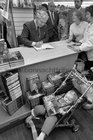 Gay Byrne meeting with one year old Shane Fahy from Seacrest, Salthill, while signing copies of his book 'The Time of My Life' in the Eason Bookshop in Shop Street in October 1989