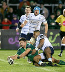 Connacht v Cardiff Blues Guinness PRO14 game at the Sportsground.<br />
Dave Heffernan scores Connacht's first try.<br />
Rey Lee-Lo, Cardiff Blues tackles