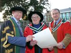 81 year old Brega Webb from Headford  who graduated from NUI Galway this week with a PhD. Brega is pictured with NUI Galway President Professor Ciarán Ó hÓgartaigh and her supervisor Dáibhí Ó Cróinín, Professor of History at NUI Galway.