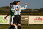 11-06-11: Saturday.  Salthill Devon's Victor Collins is congratulated by team mate Ronan Conlon  after scoring Devons second during the Airtricity league game against Monaghan united at Drom on Saturday last.   Picture: William Geraghty
