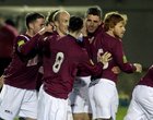 Mervue United v S D Galway Airtricity League First Division game at Terryland Park.<br />
S D Galway's Jason Lyons (second from right) celebrates after scoring goal