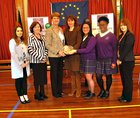 German Ambassador to Irland Her Excellence Frau Deike Potzel receives a presentation from School Principal Cliona Ni Néill and Jaena Ascuna, Students Council, during her visit to Our Ladys College Newtownsmyth. Also in the picture are Rutg Gilroy, Charlotte Bennett, Germn Teacher; Graco Osigo and Michelle Casserley, Deputy Principal. 