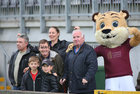 Galway United supporters, cousins Owen Tierney and Colm Garvey (front) and, from left: Martin Naughton, Alan Garvey, Joyce Naughton and Mike Murphy, with Galway United mascot Terry the Tiger at the First Division League game against Cork City FC at Eamonn Deacy Park last Friday evening.<br />
