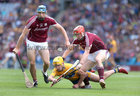 Galway v Clare 2018 All-Ireland Senior Hurling Championship semi-final at Croke Park.<br />
Galway's Conor Cooney and Conor Whelan and Clare's Colm Galvin