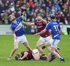 Galway v Laois Allianz Hurling League Division 1B Round 1 game at the Pearse Stadium.<br />
Sean Linnane,Galway, and Aaron Duffy and John Lennon, Laois