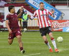 Galway United v Derry City SSE Airtricity League Premier Division game at, Eamonn Deacy Park.<br />
Moses Dyer, Galway United and Kevin Holt, Derry City