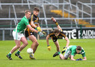 Moycullen v Mountbellew-Moylough Senior Football Championship final at Pearse Stadium.<br />
Michael Daly and Matthew Barrett, Mountbellew-Moylough and Marc Ó Loideáin and Tomás Ó Cleireach, Moycullen