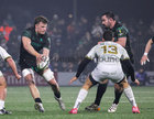 Connacht v Montauban EPCR Challenge Cup game at Dexcom Stadium.<br />
Connacht's Paul Boyle and Cian Prendergast and Simon Renda, Montauban<br />
<br />
